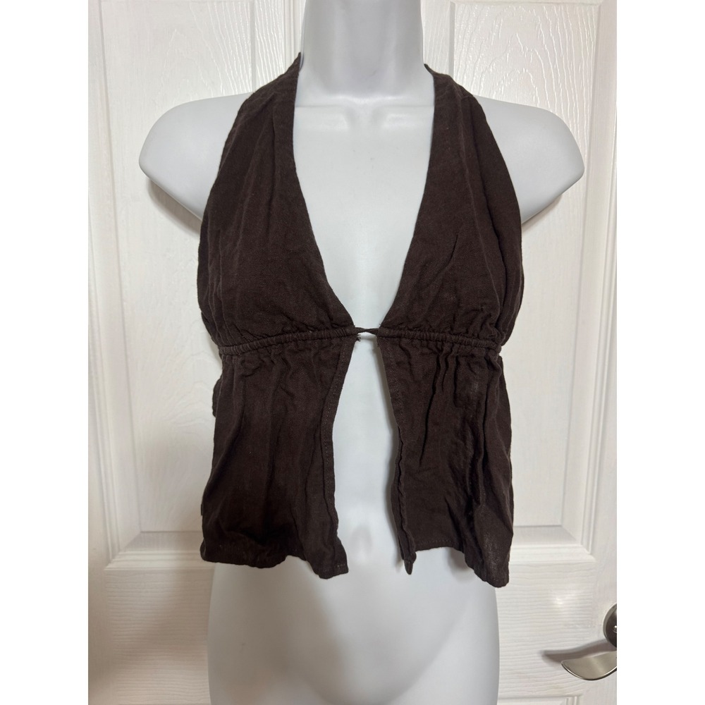 Garage Brown Halter Neck Open Front Crop Top Y2K Boho Summer M linen